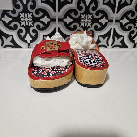 Tory Burch Dixon Patent Leather Wood Slides size 8 Womens Shoes Red Blue clogs - Picture 12 of 16